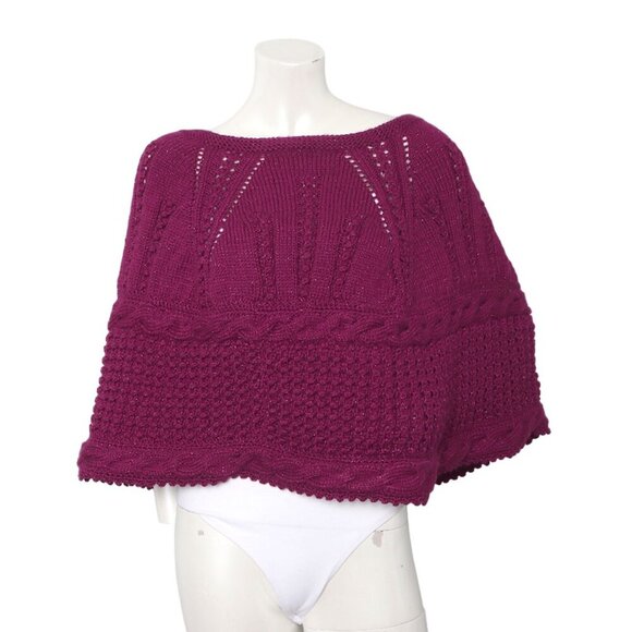 Vintage Cable Knit Shrug Handmade Poncho Cape Chunky Burgundy Red Stretch - Picture 1 of 6